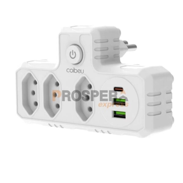 CONVERSOR DE TOMADA MULTIFUNCIONAL - 3 TOMADAS + 3 PORTAS USB (2 USB-A + 1 USB-C)