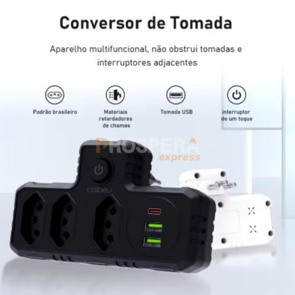 CONVERSOR DE TOMADA MULTIFUNCIONAL - 3 TOMADAS + 3 PORTAS USB (2 USB-A + 1 USB-C) - Image 4