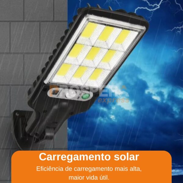 LUMINÁRIA EXTERNA SOLAR COM SENSOR DE MOVIMENTO, 108 LEDS COB, CONTROLE REMOTO E 3 MODOS DE ILUMINAÇÃO - Image 3