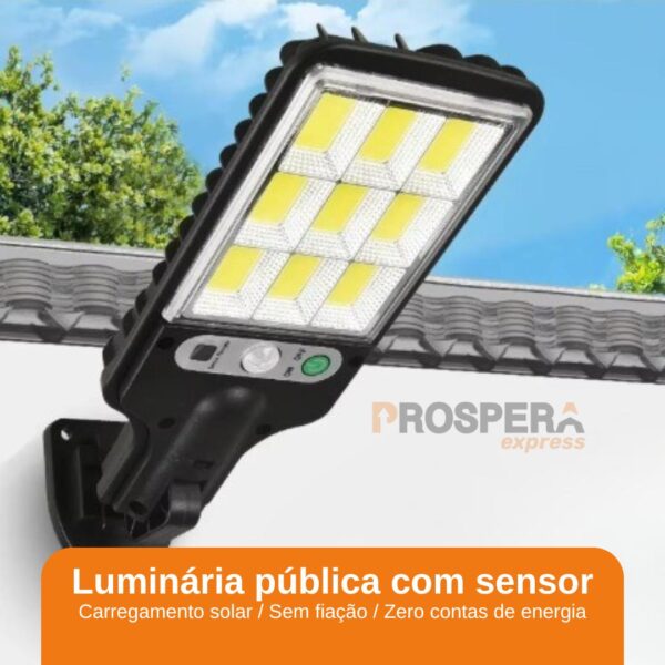 LUMINÁRIA EXTERNA SOLAR COM SENSOR DE MOVIMENTO, 108 LEDS COB, CONTROLE REMOTO E 3 MODOS DE ILUMINAÇÃO